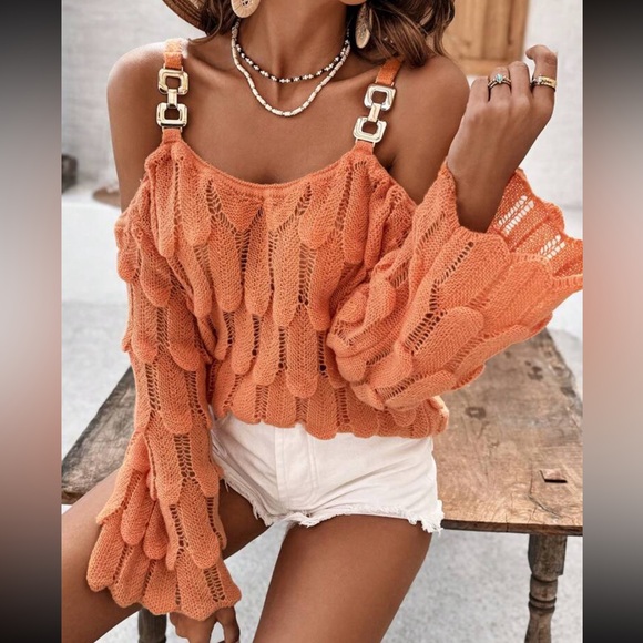 Cozy Boho Off Cold Shoulder Bell Flare Long Sleeve Pointelle Knit Sweater Top - Picture 4 of 13